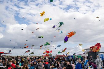 Das Bild zeigt Menschen und Drachen auf dem Tempelhofer Feld beim STADT UND LAND-Festival der Riesendrachen