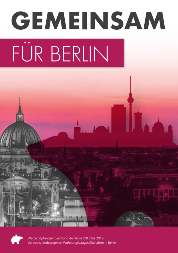 Titelseite des Wertschöpfungsberichtes mit dem Schriftzug "Gemeinsam für Berlin" und der Berliner Skyline